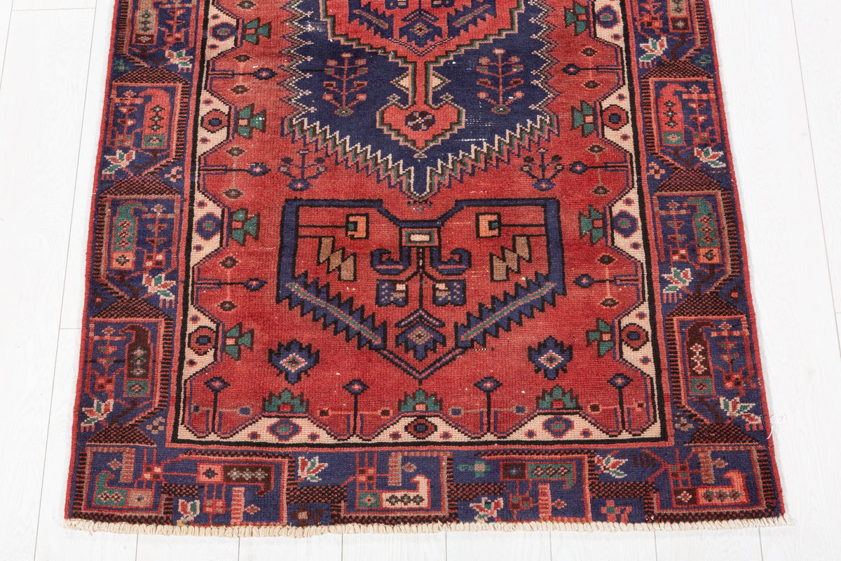 Vintage Rust Red and Navy Blue Geometric Hand-Knotted Area Rug – 6' 5" x 3' 3" (195 x 99 cm)
