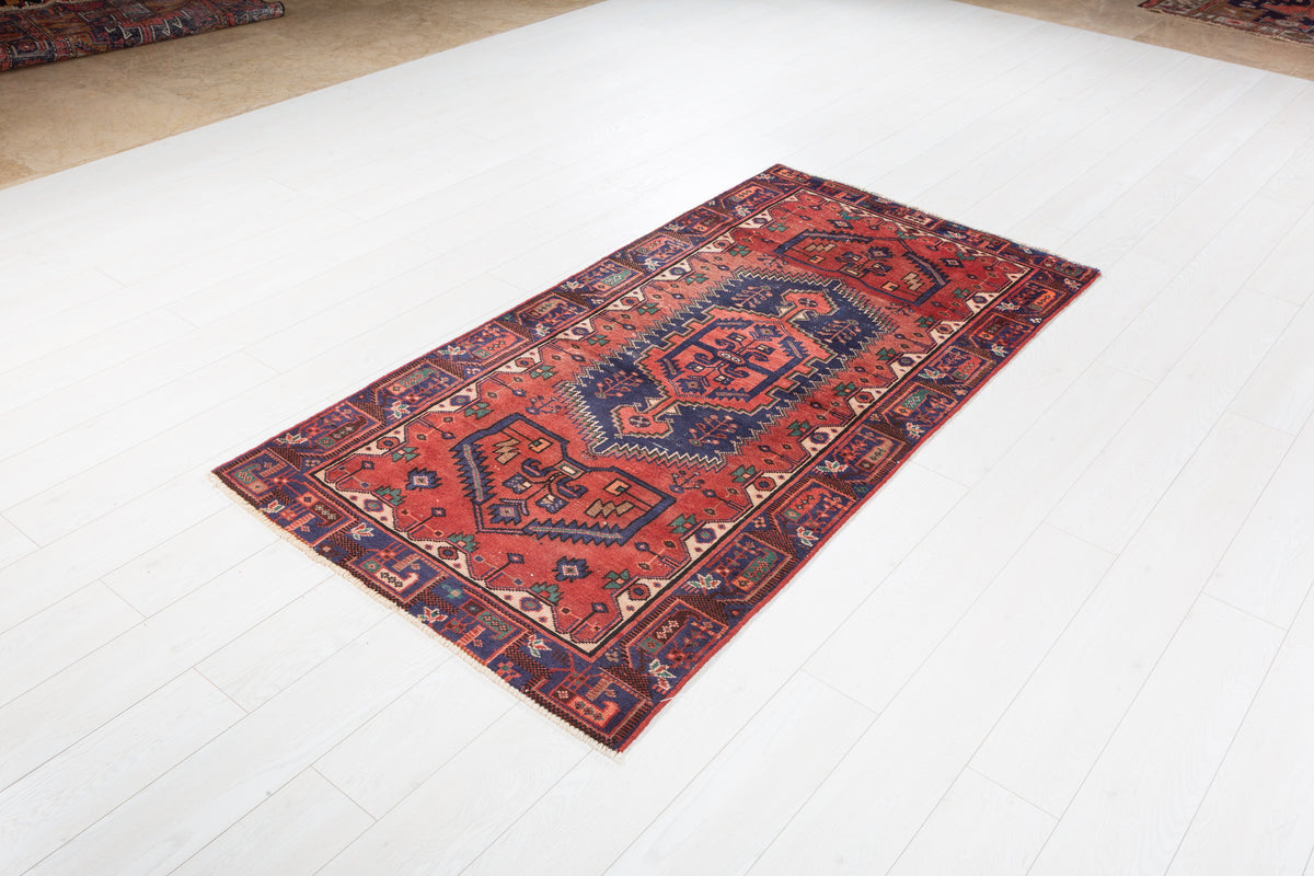 Vintage Rust Red and Navy Blue Geometric Hand-Knotted Area Rug – 6' 5" x 3' 3" (195 x 99 cm)