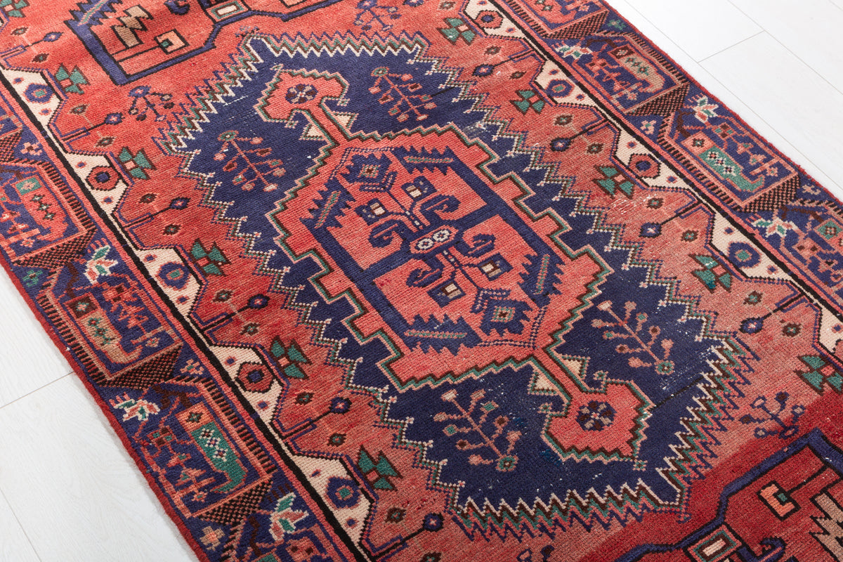 Vintage Rust Red and Navy Blue Geometric Hand-Knotted Area Rug – 6' 5" x 3' 3" (195 x 99 cm)
