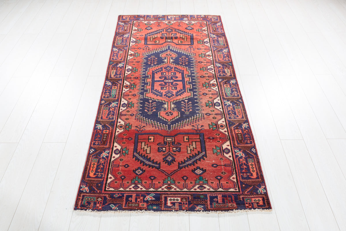 Vintage Rust Red and Navy Blue Geometric Hand-Knotted Area Rug – 6' 5" x 3' 3" (195 x 99 cm)