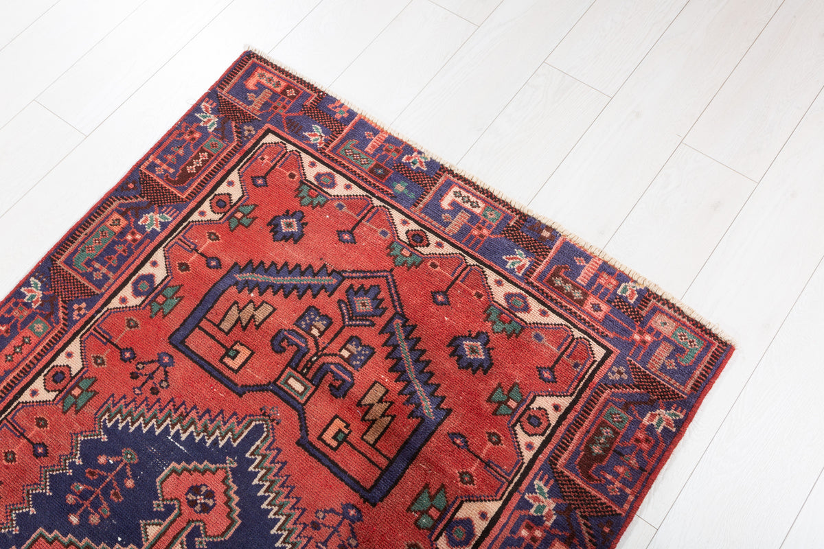 Vintage Rust Red and Navy Blue Geometric Hand-Knotted Area Rug – 6' 5" x 3' 3" (195 x 99 cm)