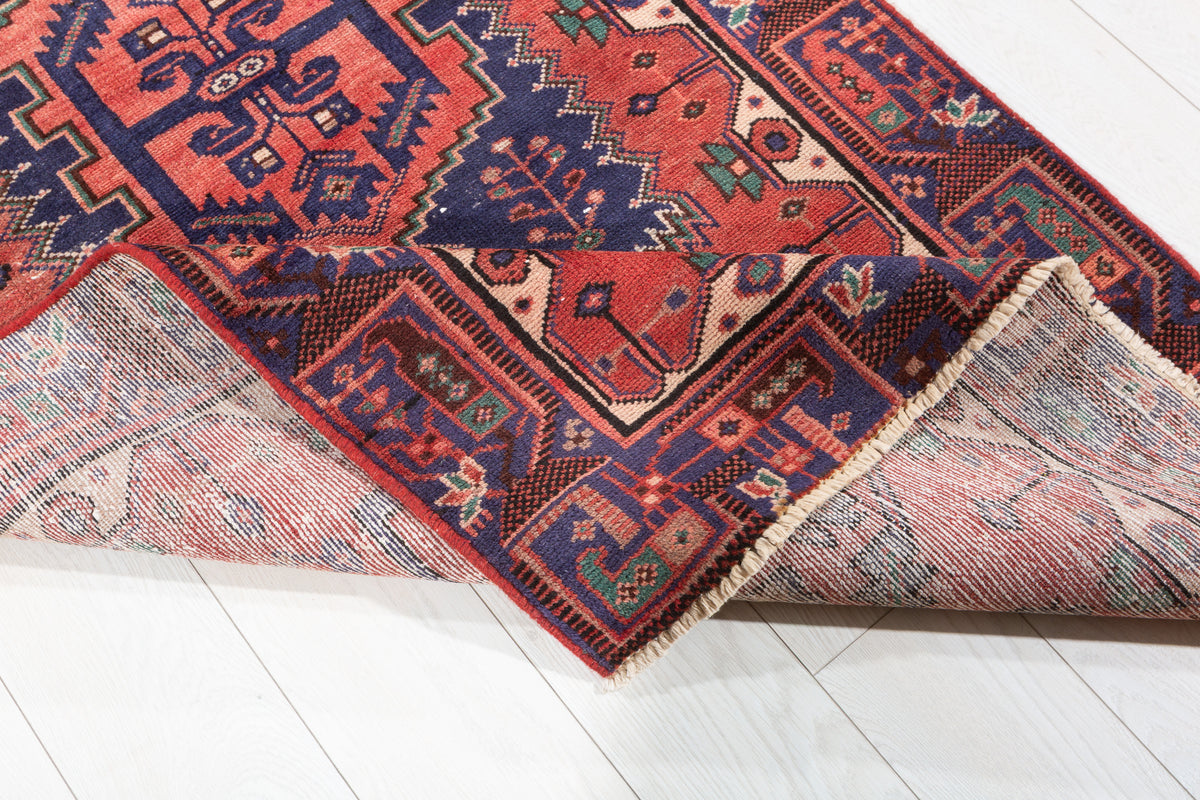Vintage Rust Red and Navy Blue Geometric Hand-Knotted Area Rug – 6' 5" x 3' 3" (195 x 99 cm)