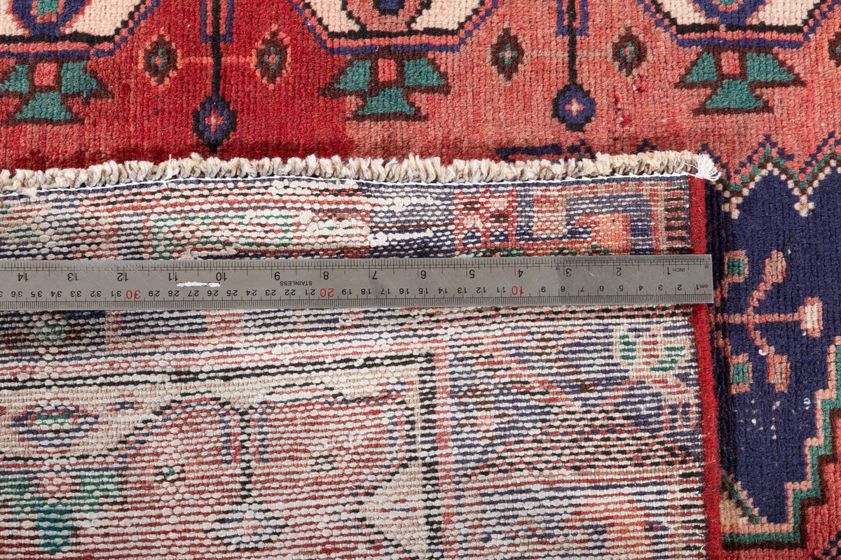 Vintage Rust Red and Navy Blue Geometric Hand-Knotted Area Rug – 6' 5" x 3' 3" (195 x 99 cm)