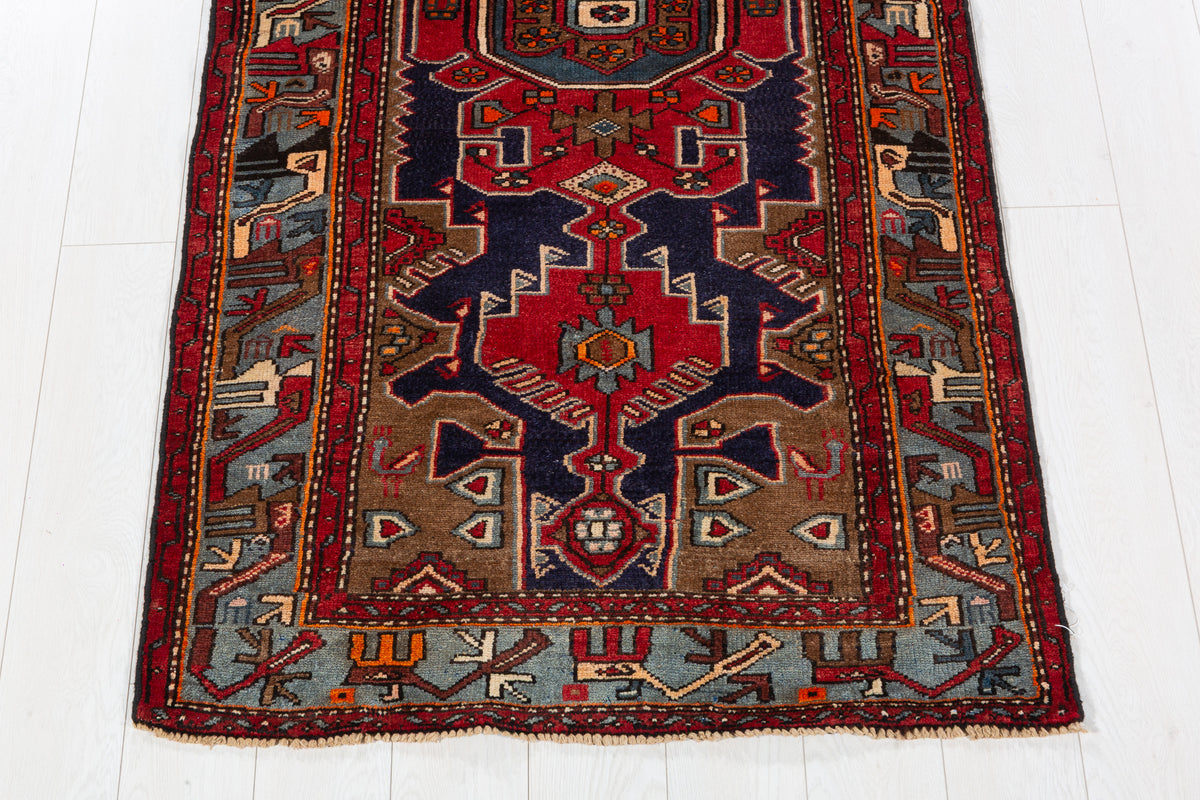 Vintage Red Navy & Brown Tribal Composition Hand-Knotted Area Rug – 6' 10" x 3' 3" (209 x 100 cm)