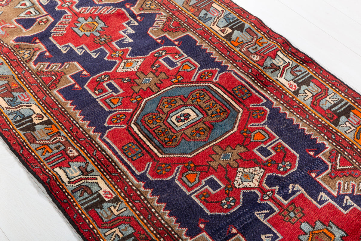 Vintage Red Navy & Brown Tribal Composition Hand-Knotted Area Rug – 6' 10" x 3' 3" (209 x 100 cm)