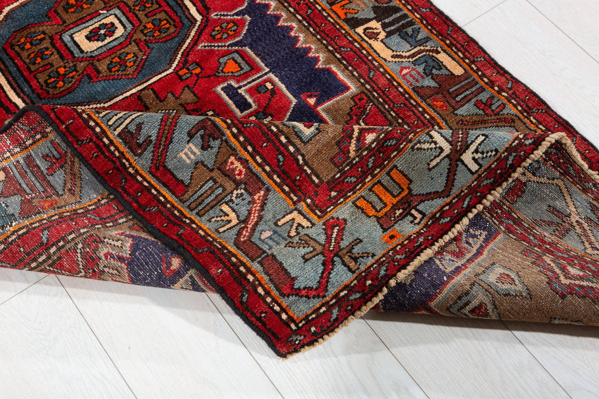 Vintage Red Navy & Brown Tribal Composition Hand-Knotted Area Rug – 6' 10" x 3' 3" (209 x 100 cm)