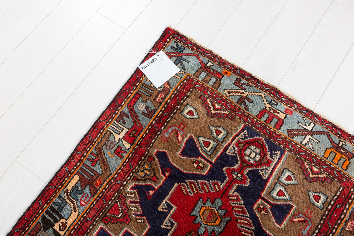 Vintage Red Navy & Brown Tribal Composition Hand-Knotted Area Rug – 6' 10" x 3' 3" (209 x 100 cm)