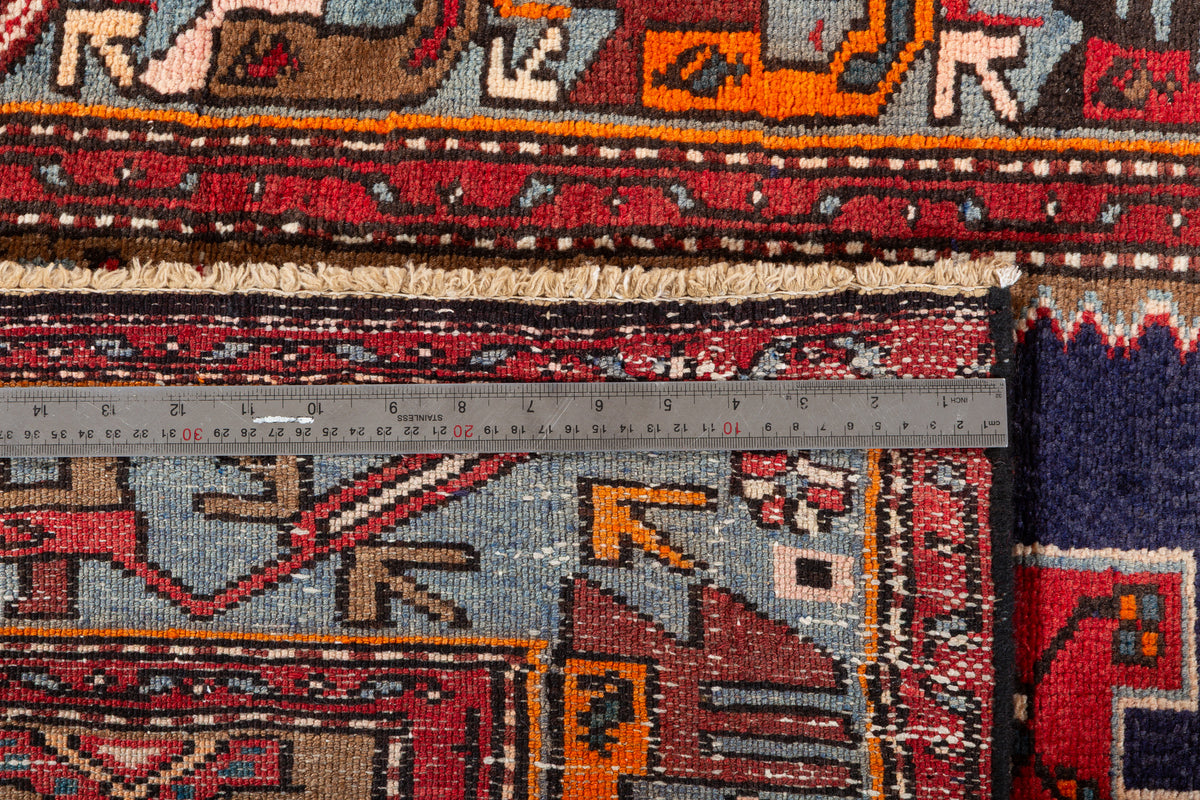 Vintage Red Navy & Brown Tribal Composition Hand-Knotted Area Rug – 6' 10" x 3' 3" (209 x 100 cm)