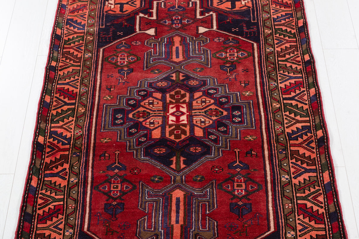 Vintage Red & Salmon Pink Geometric Medallion Hand-Knotted Area Rug – 6' 9" x 3' 6" (207 x 107 cm)
