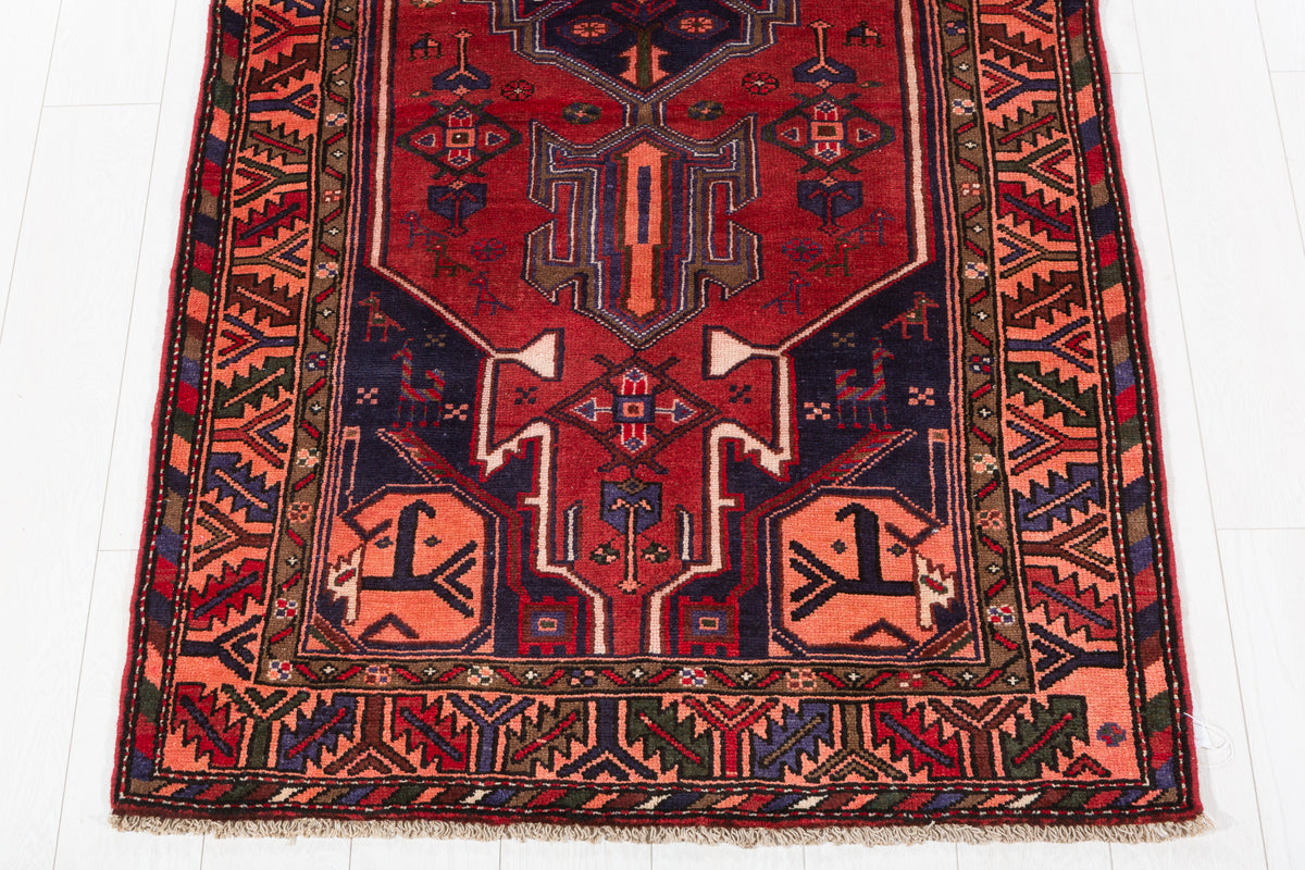 Vintage Red & Salmon Pink Geometric Medallion Hand-Knotted Area Rug – 6' 9" x 3' 6" (207 x 107 cm)