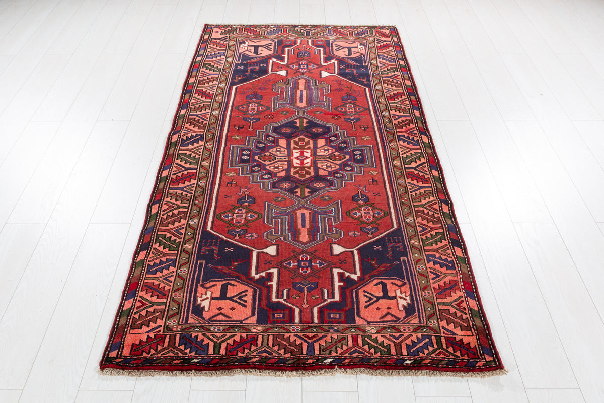 Vintage Red & Salmon Pink Geometric Medallion Hand-Knotted Area Rug – 6' 9" x 3' 6" (207 x 107 cm)