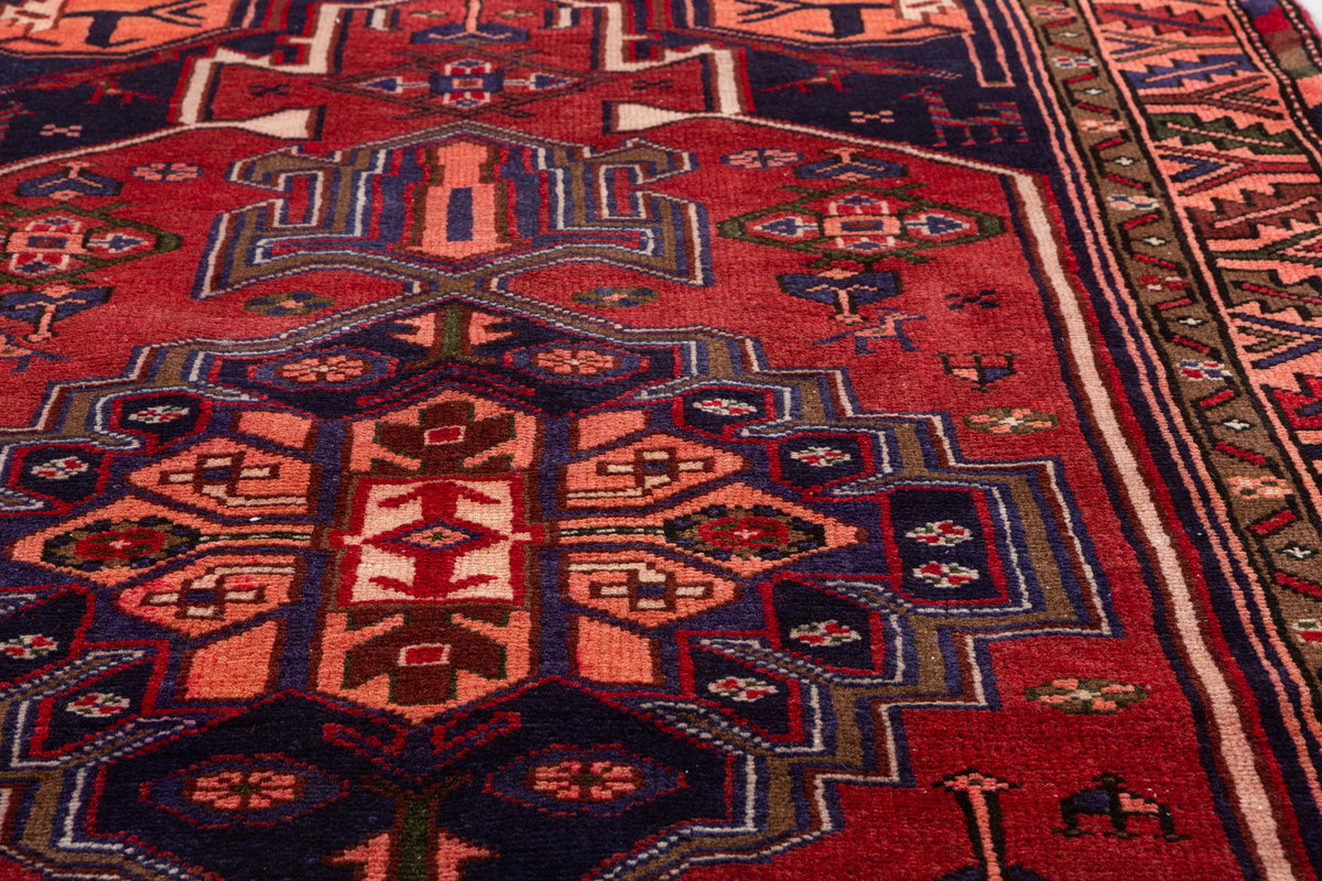 Vintage Red & Salmon Pink Geometric Medallion Hand-Knotted Area Rug – 6' 9" x 3' 6" (207 x 107 cm)