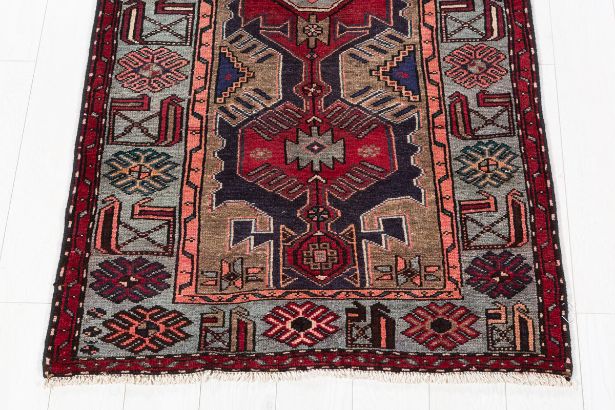 Vintage Red & Soft Blue Bold Red Medallion Hand-Knotted Area Rug – 6' 8" x 3' 3" (202 x 100 cm)