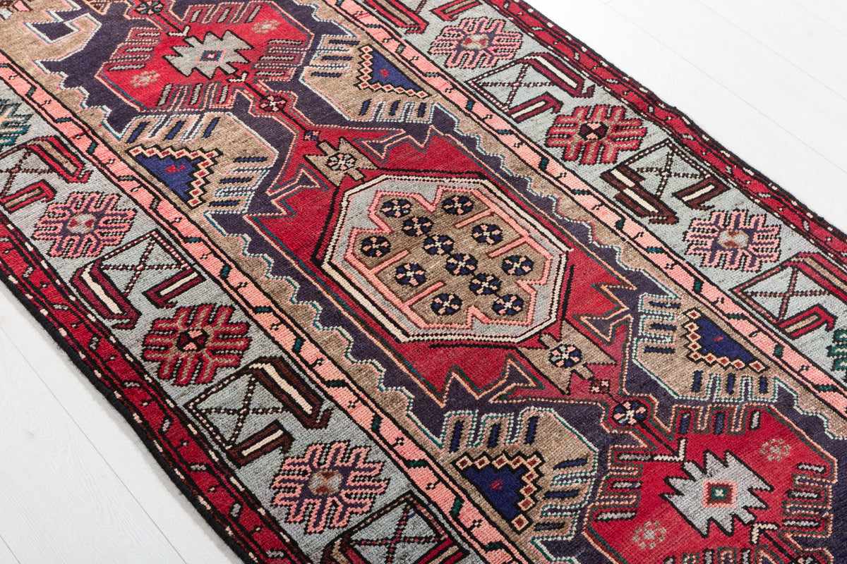 Vintage Red & Soft Blue Bold Red Medallion Hand-Knotted Area Rug – 6' 8" x 3' 3" (202 x 100 cm)