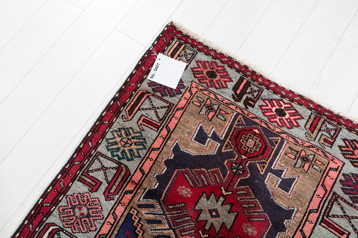 Vintage Red & Soft Blue Bold Red Medallion Hand-Knotted Area Rug – 6' 8" x 3' 3" (202 x 100 cm)