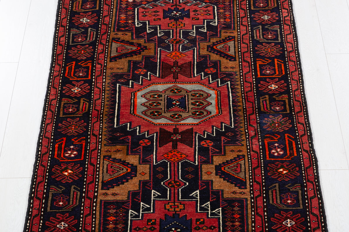 Vintage Deep Navy Blue & Rust Red Hexagonal Centre Hand-Knotted Area Rug – 7' 0" x 3' 5" (214 x 105 cm)