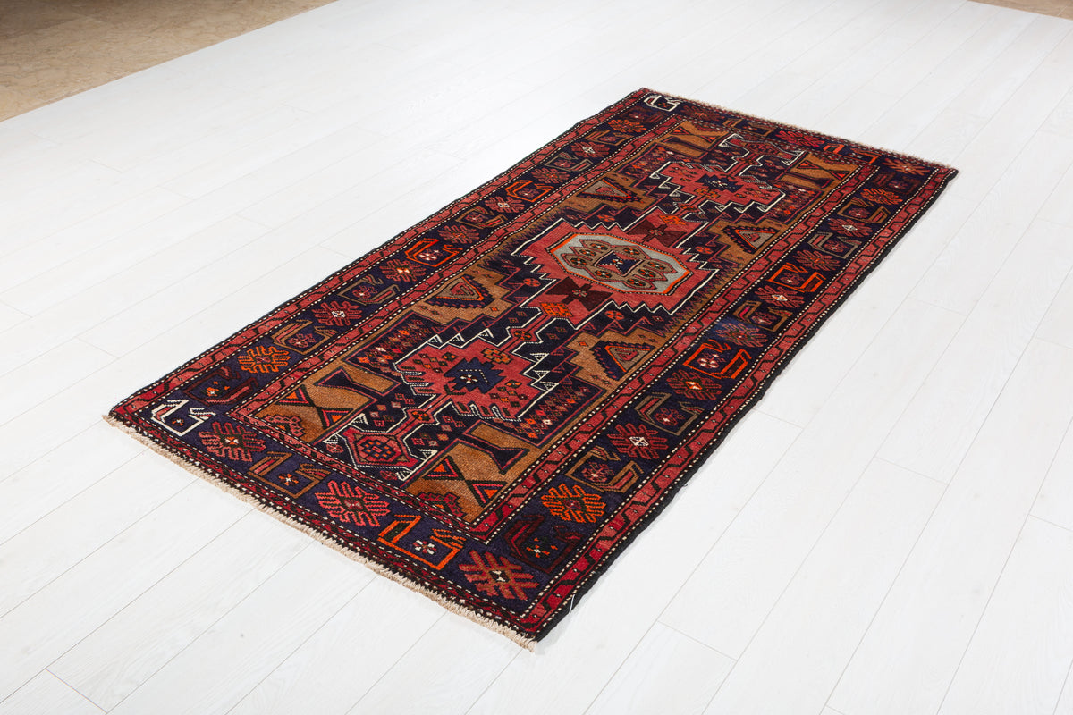Vintage Deep Navy Blue & Rust Red Hexagonal Centre Hand-Knotted Area Rug – 7' 0" x 3' 5" (214 x 105 cm)