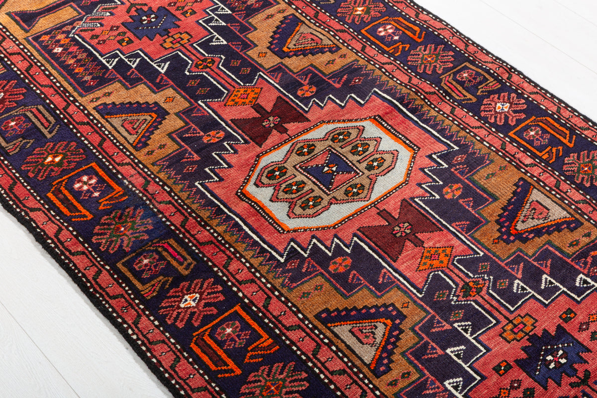 Vintage Deep Navy Blue & Rust Red Hexagonal Centre Hand-Knotted Area Rug – 7' 0" x 3' 5" (214 x 105 cm)