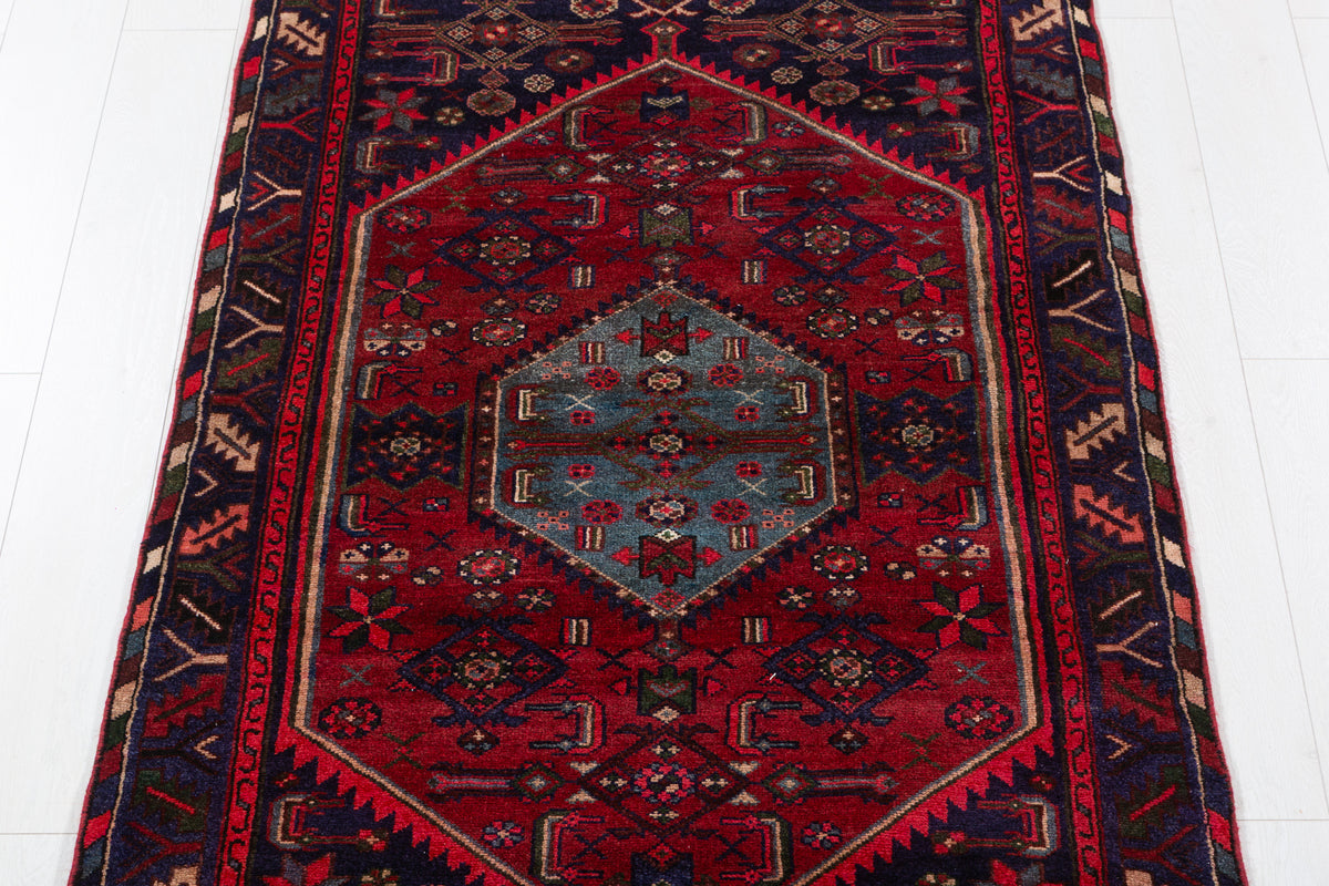 Vintage Red Linear Tribal Drawing Hand-Knotted Area Rug – 6' 3" x 3' 6" (190 x 106 cm)