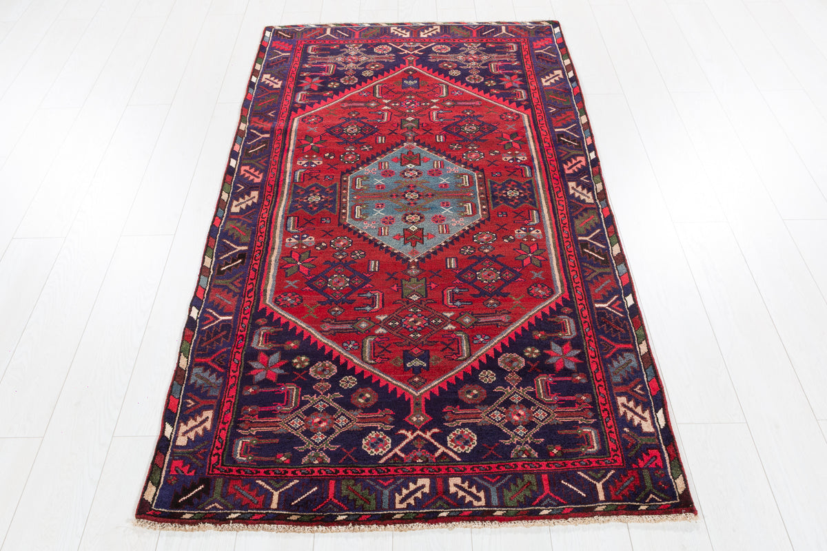 Vintage Red Linear Tribal Drawing Hand-Knotted Area Rug – 6' 3" x 3' 6" (190 x 106 cm)