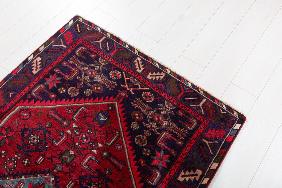 Vintage Red Linear Tribal Drawing Hand-Knotted Area Rug – 6' 3" x 3' 6" (190 x 106 cm)