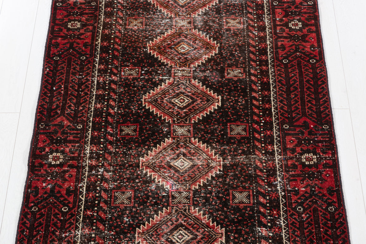 Antique Black Geometric Distressed Hand-Knotted Area Rug – 6' 1" x 3' 5" (186 x 104 cm)