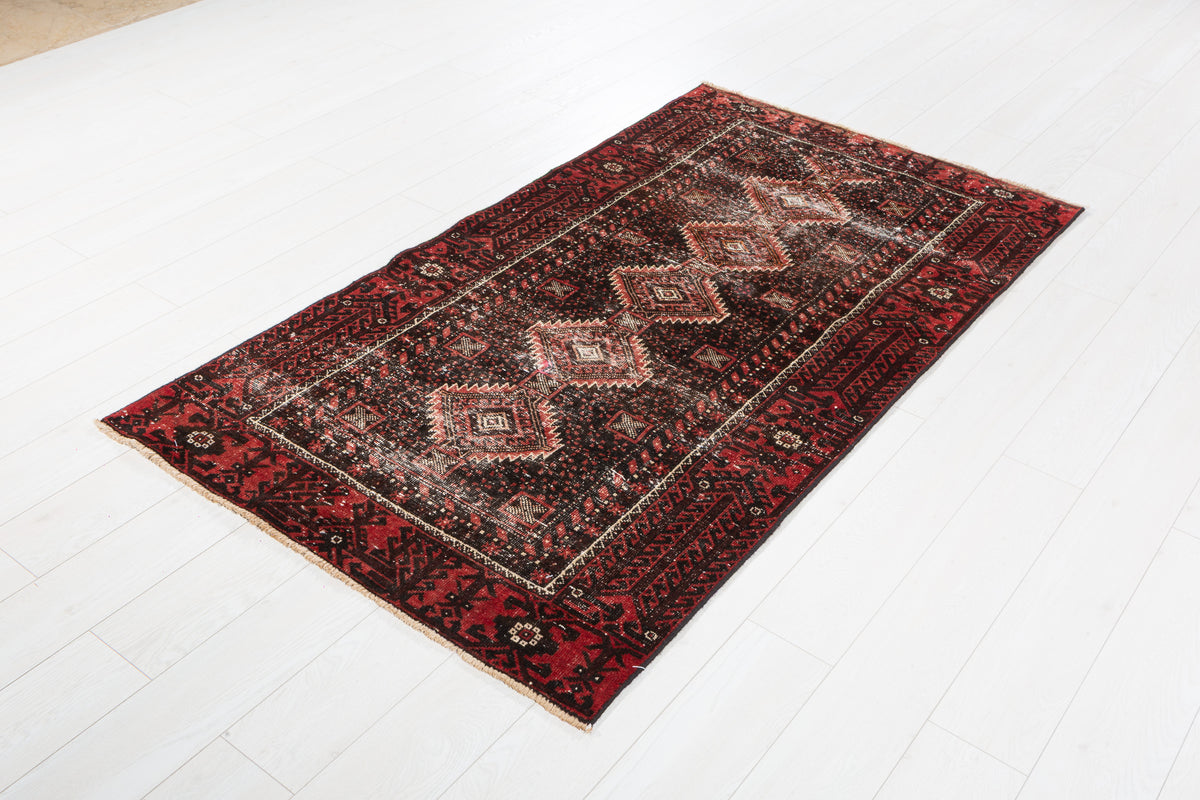 Antique Black Geometric Distressed Hand-Knotted Area Rug – 6' 1" x 3' 5" (186 x 104 cm)