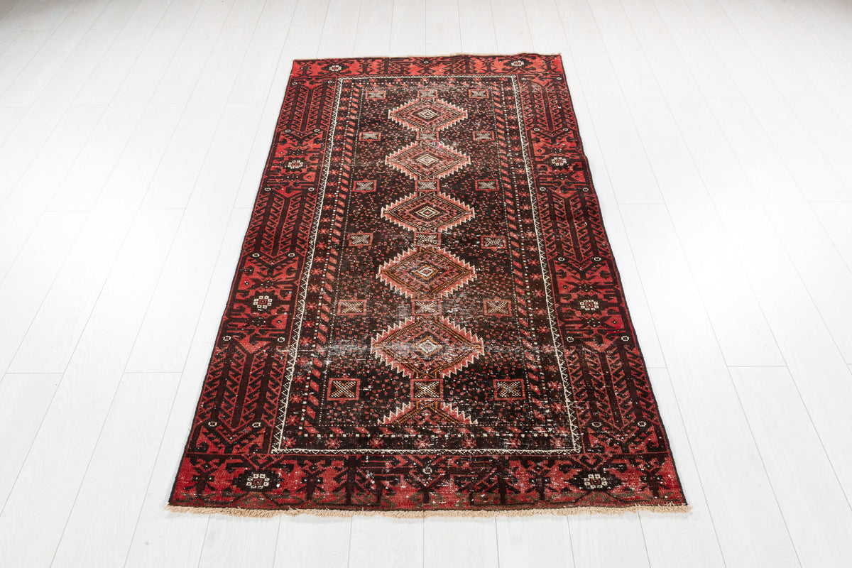 Antique Black Geometric Distressed Hand-Knotted Area Rug – 6' 1" x 3' 5" (186 x 104 cm)