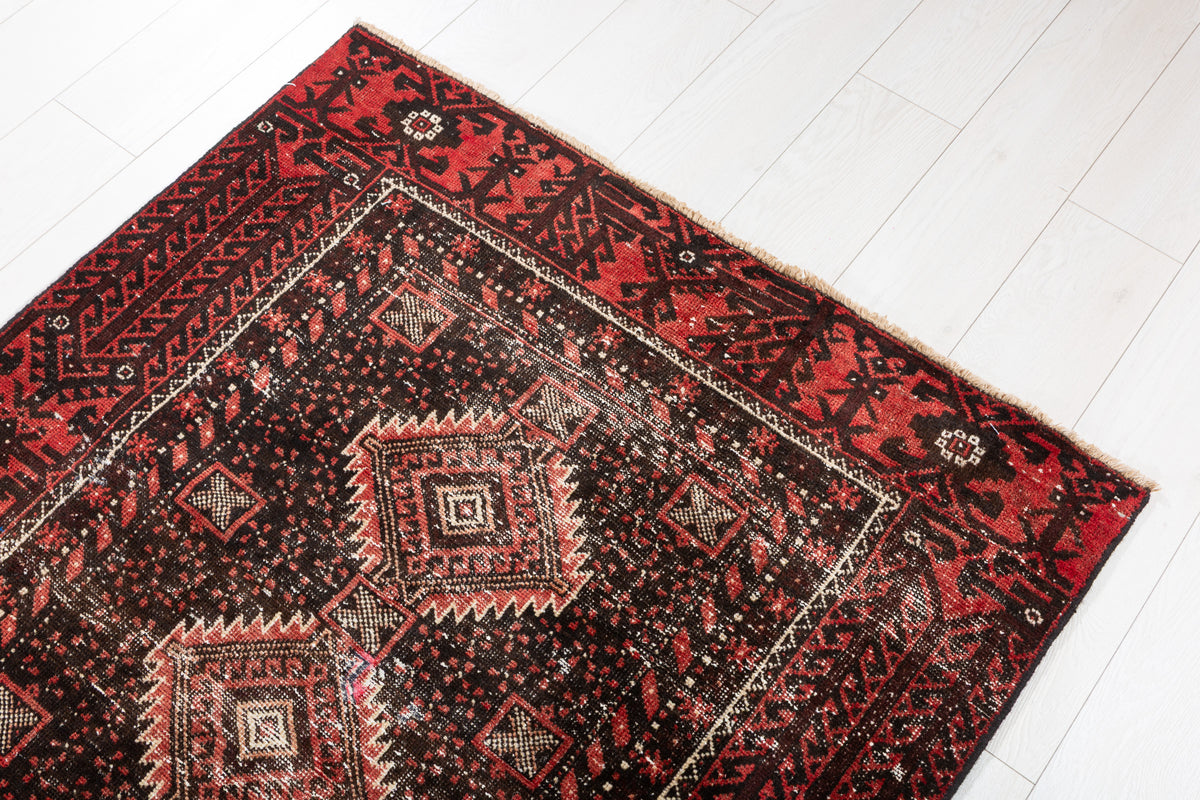 Antique Black Geometric Distressed Hand-Knotted Area Rug – 6' 1" x 3' 5" (186 x 104 cm)