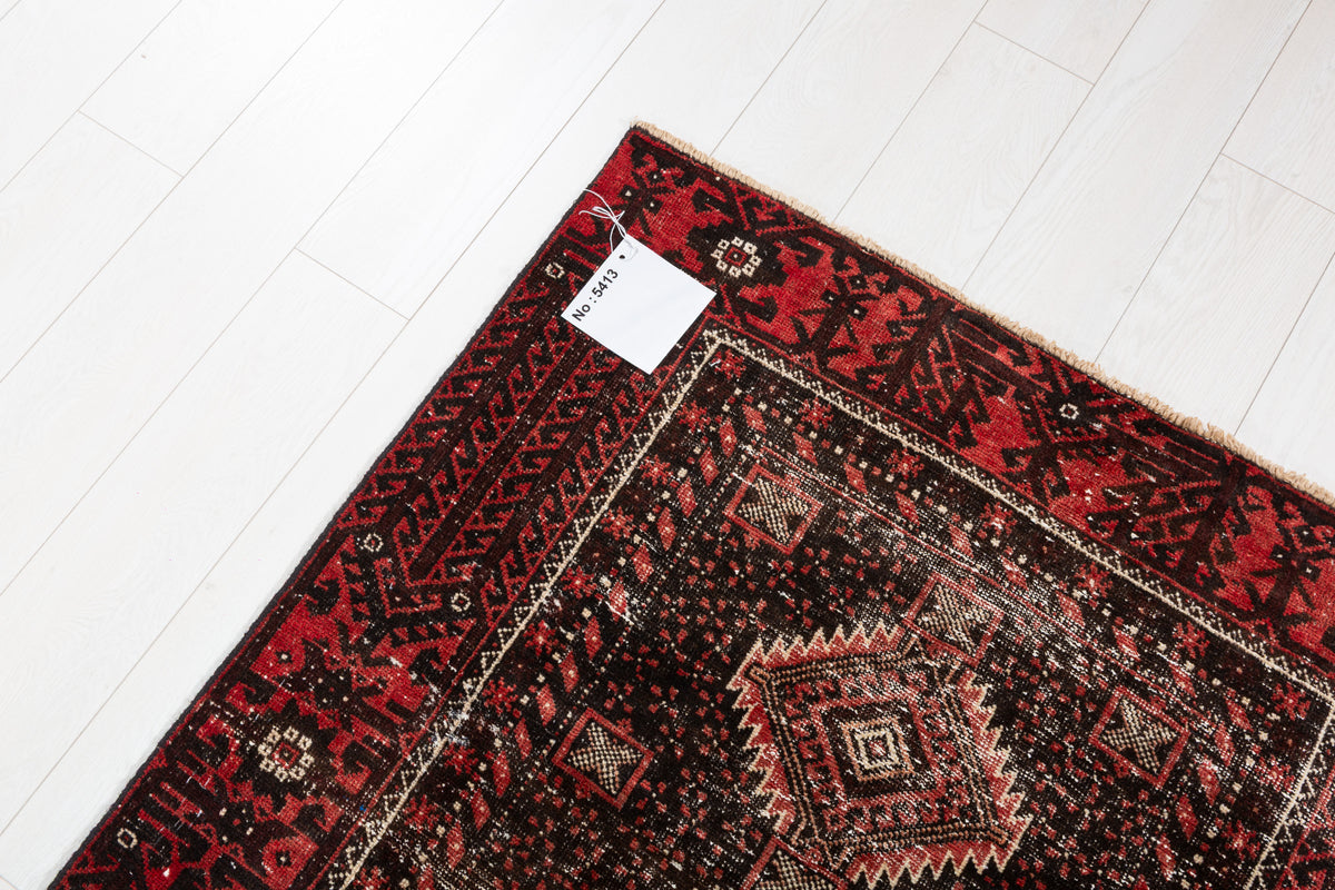 Antique Black Geometric Distressed Hand-Knotted Area Rug – 6' 1" x 3' 5" (186 x 104 cm)
