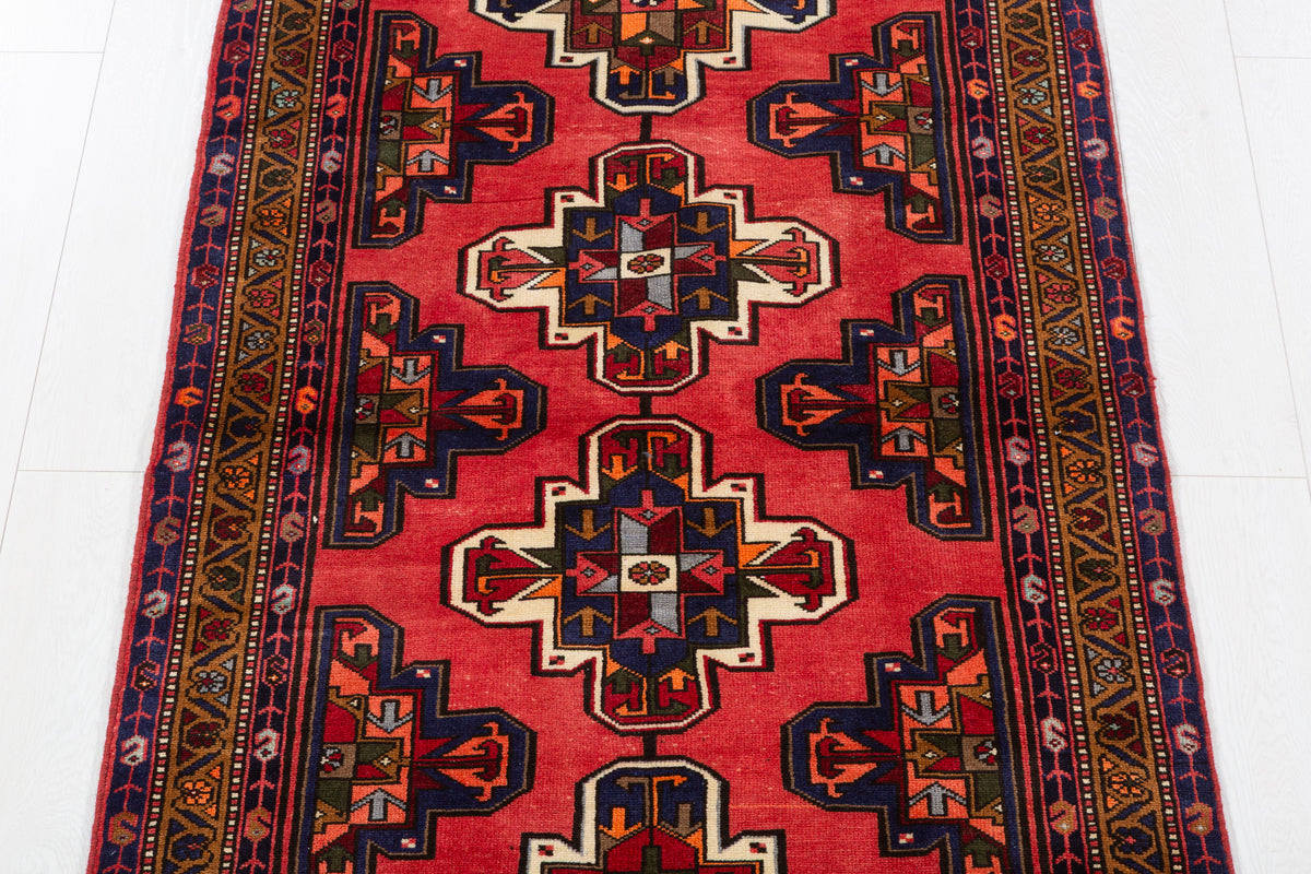 Vintage Coral Red Geometric Medallion Hand-Knotted Area Rug – 6' 2" x 3' 4" (188 x 102 cm)