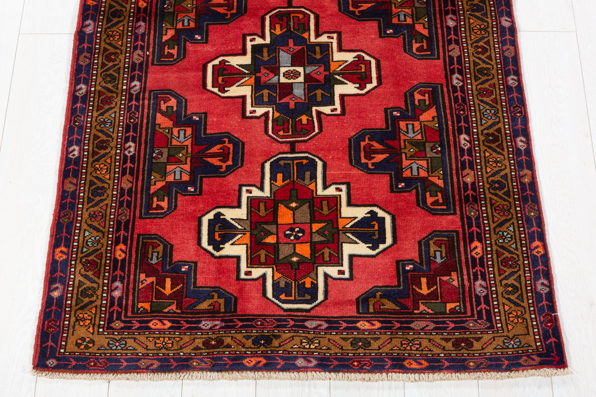 Vintage Coral Red Geometric Medallion Hand-Knotted Area Rug – 6' 2" x 3' 4" (188 x 102 cm)