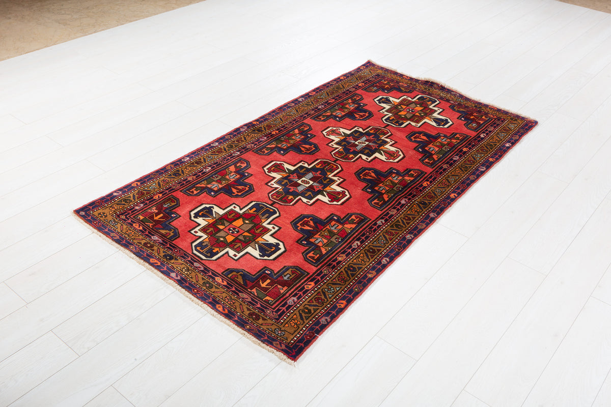 Vintage Coral Red Geometric Medallion Hand-Knotted Area Rug – 6' 2" x 3' 4" (188 x 102 cm)