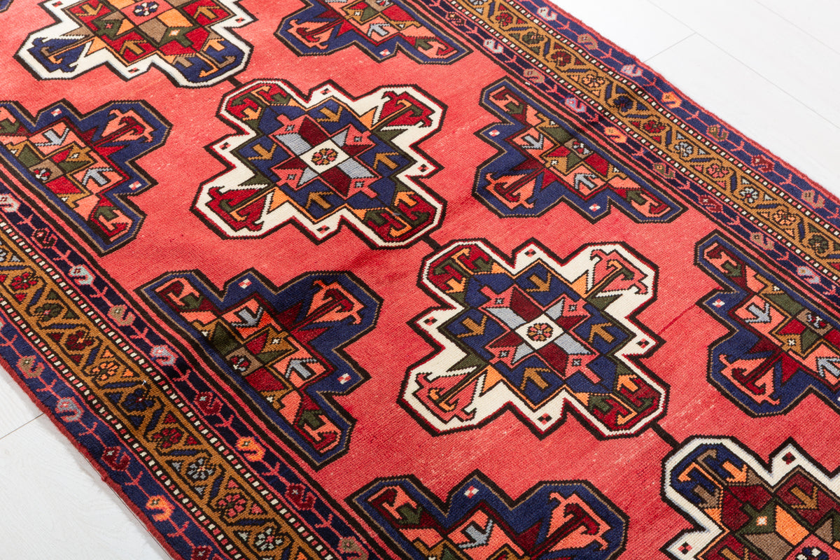 Vintage Coral Red Geometric Medallion Hand-Knotted Area Rug – 6' 2" x 3' 4" (188 x 102 cm)