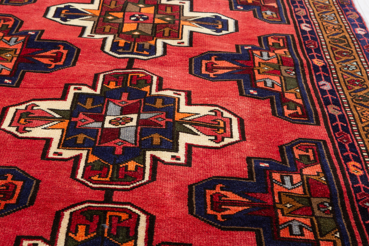 Vintage Coral Red Geometric Medallion Hand-Knotted Area Rug – 6' 2" x 3' 4" (188 x 102 cm)
