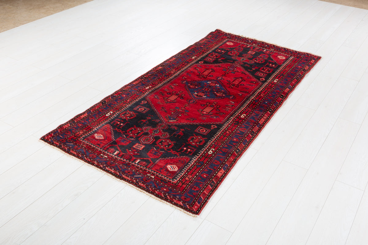 Vintage Red Botanical Medallion Composition Hand-Knotted Area Rug – 6' 9" x 3' 4" (206 x 102 cm)