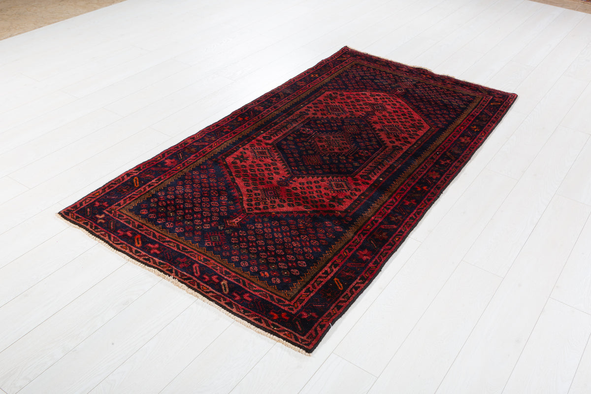Vintage Red Dense Geometric All-Over Pattern Hand-Knotted Area Rug – 6' 7" x 3' 5" (201 x 104 cm)