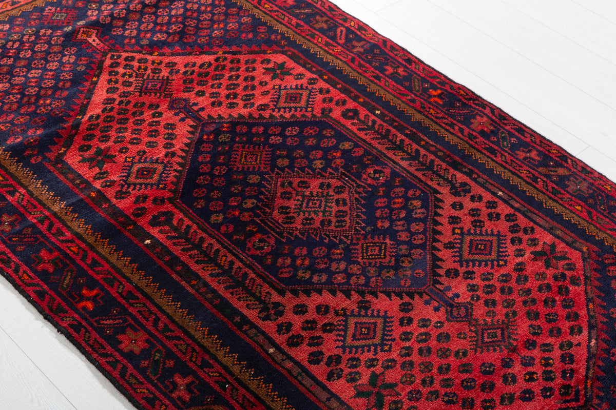Vintage Red Dense Geometric All-Over Pattern Hand-Knotted Area Rug – 6' 7" x 3' 5" (201 x 104 cm)