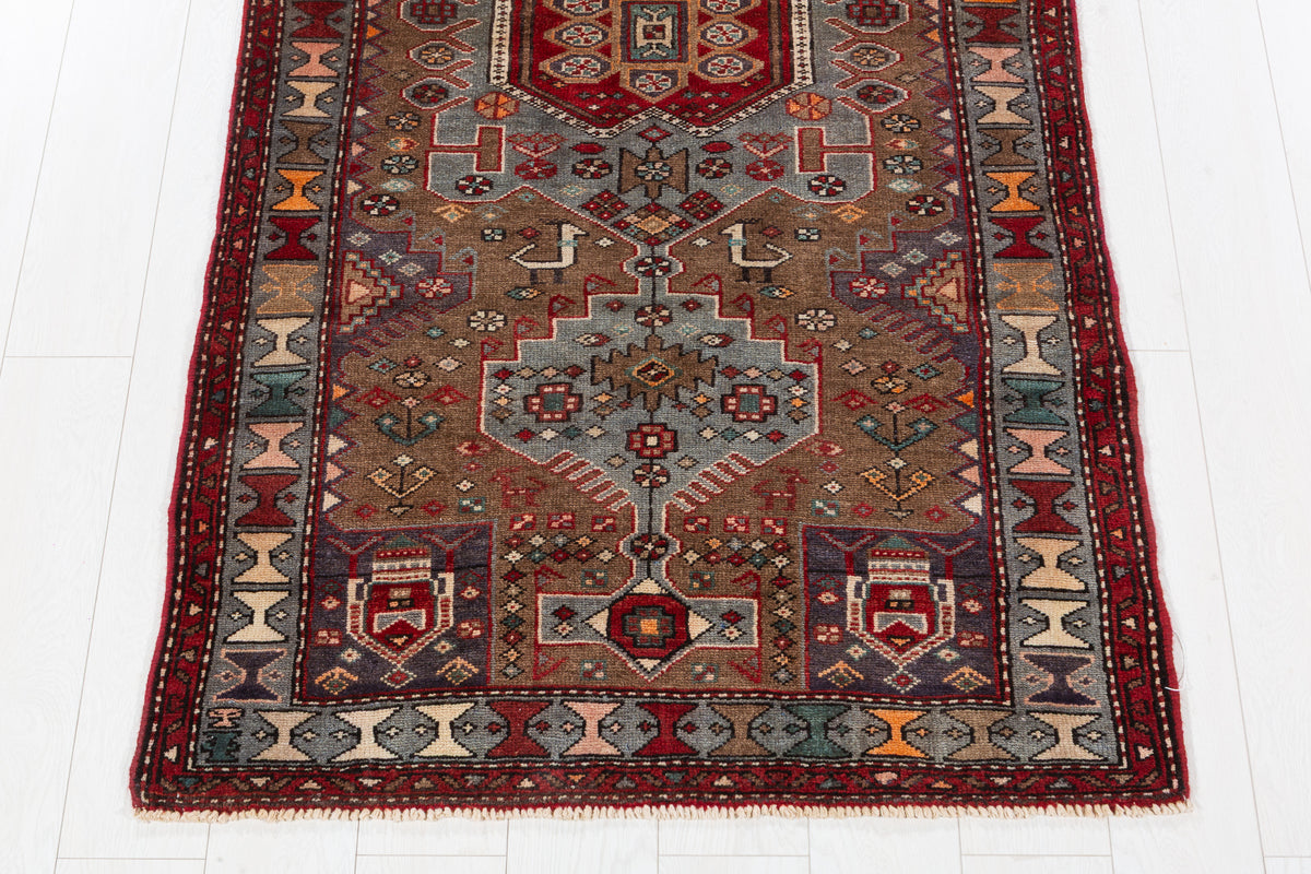 Vintage Brown and Soft Blue Geometric Medallion Hand-Knotted Area Rug – 6' 10" x 3' 4" (208 x 101 cm)