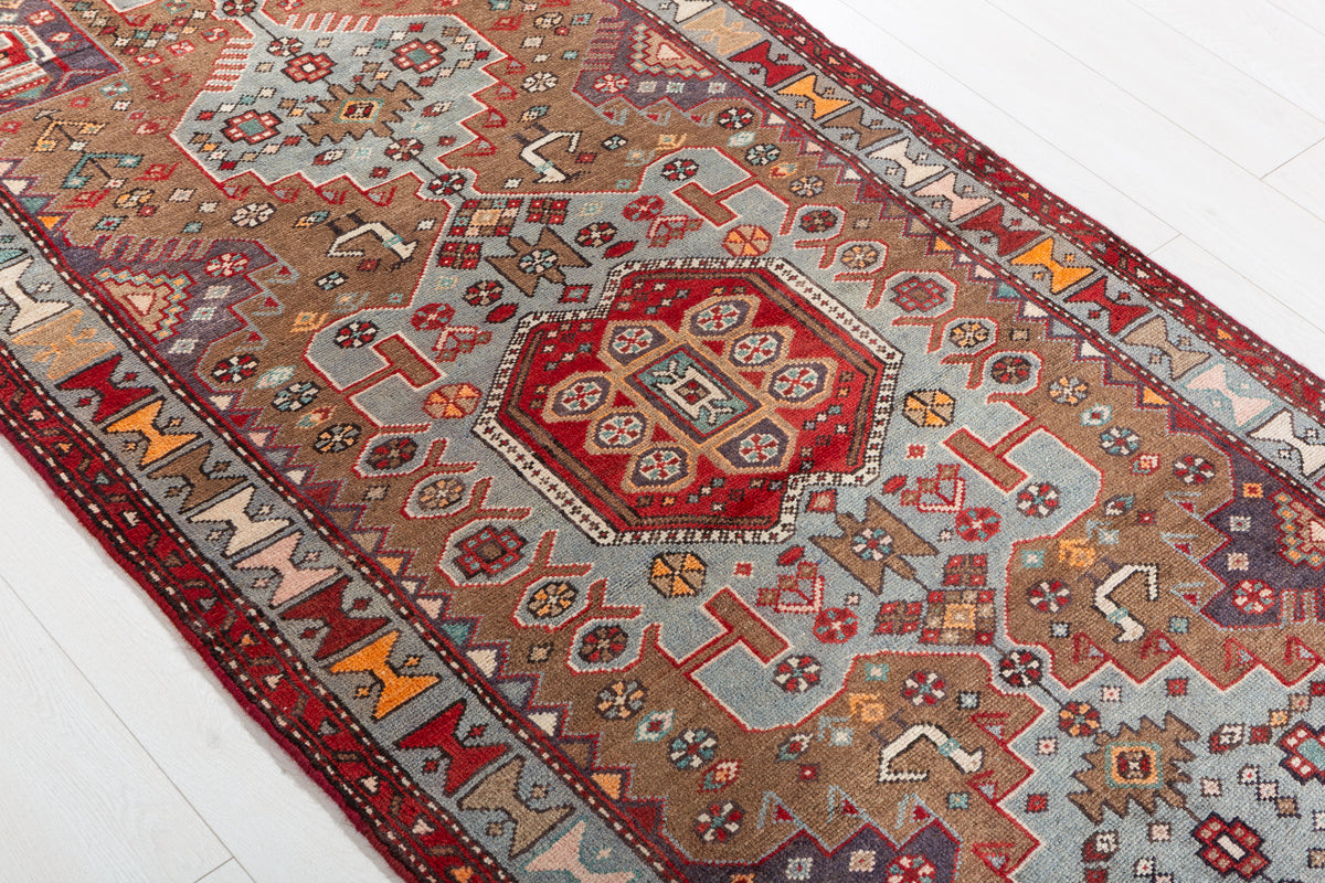Vintage Brown and Soft Blue Geometric Medallion Hand-Knotted Area Rug – 6' 10" x 3' 4" (208 x 101 cm)