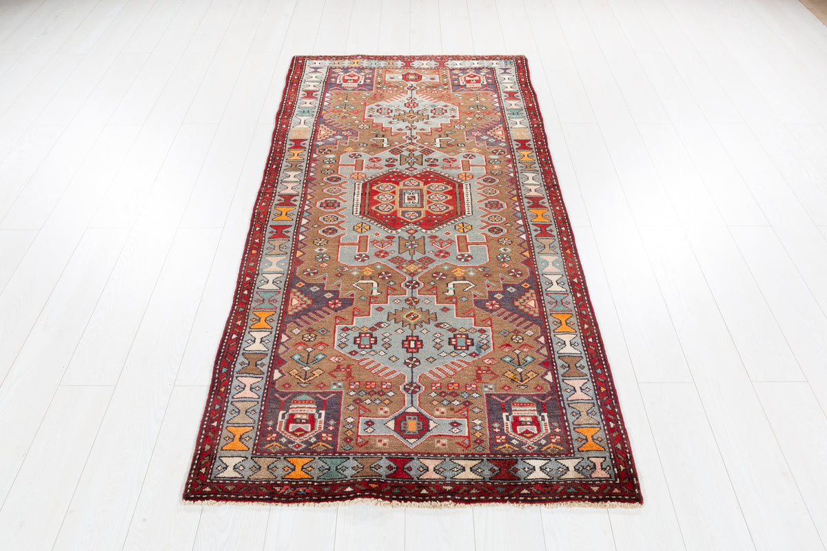 Vintage Brown and Soft Blue Geometric Medallion Hand-Knotted Area Rug – 6' 10" x 3' 4" (208 x 101 cm)