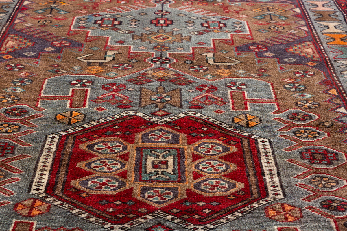 Vintage Brown and Soft Blue Geometric Medallion Hand-Knotted Area Rug – 6' 10" x 3' 4" (208 x 101 cm)