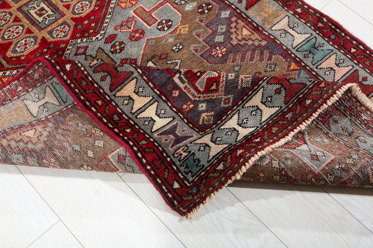 Vintage Brown and Soft Blue Geometric Medallion Hand-Knotted Area Rug – 6' 10" x 3' 4" (208 x 101 cm)