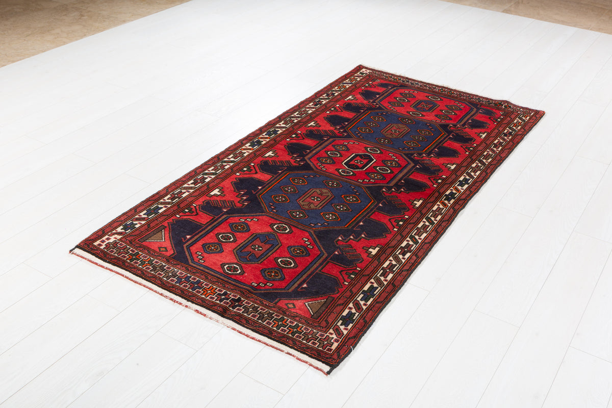 Vintage Red Large Geometric Medallion Hand-Knotted Area Rug – 6' 7" x 3' 4" (201 x 101 cm)