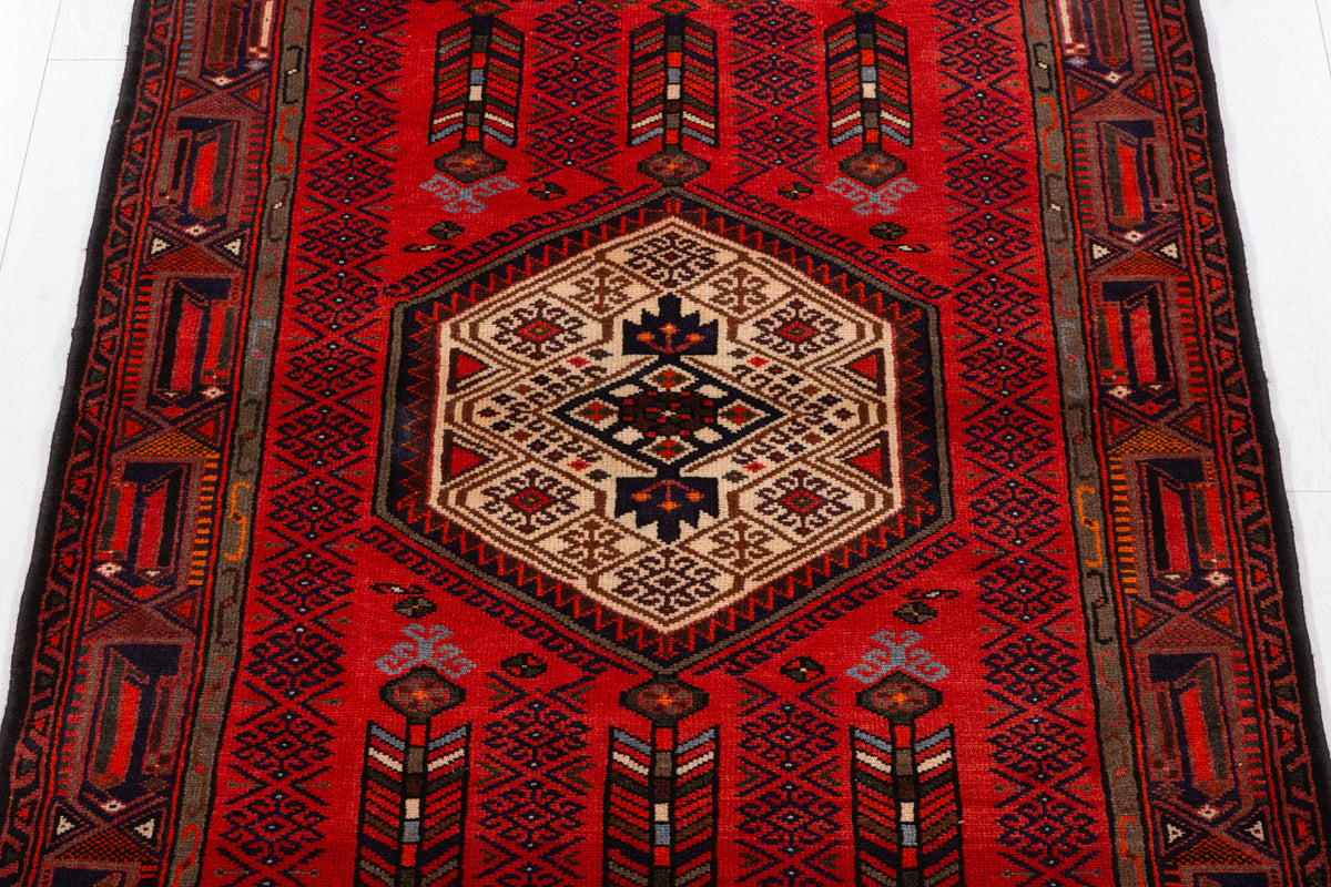 Vintage Red Layered Tribal Medallion Hand-Knotted Area Rug – 6' 6" x 4' 0" (197 x 123 cm)