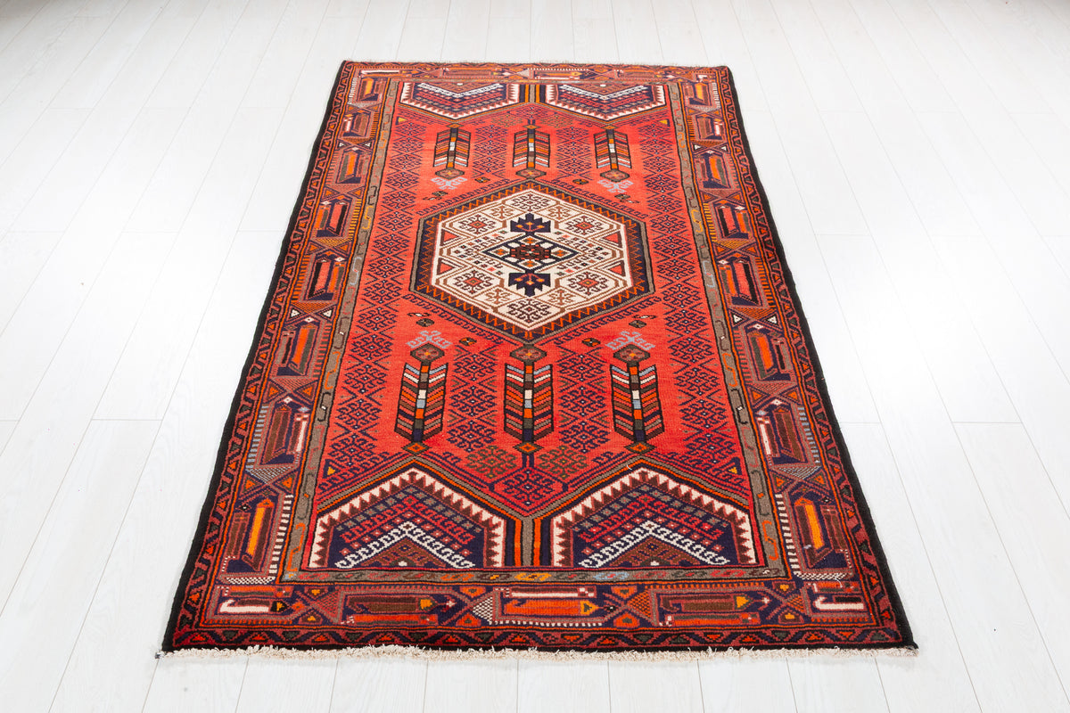 Vintage Red Layered Tribal Medallion Hand-Knotted Area Rug – 6' 6" x 4' 0" (197 x 123 cm)