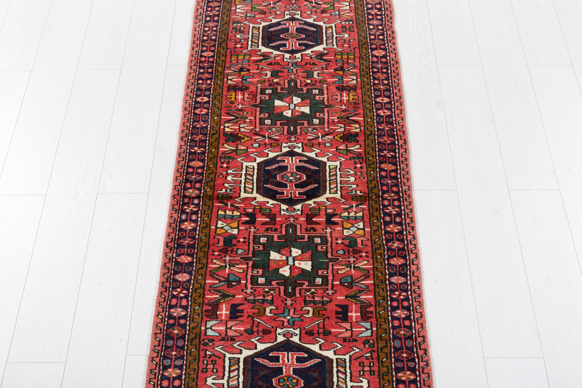 Vintage Red Softly Faded Central Medallion Runner Rug – 9' 2" x 2' 3" (279 x 68 cm)