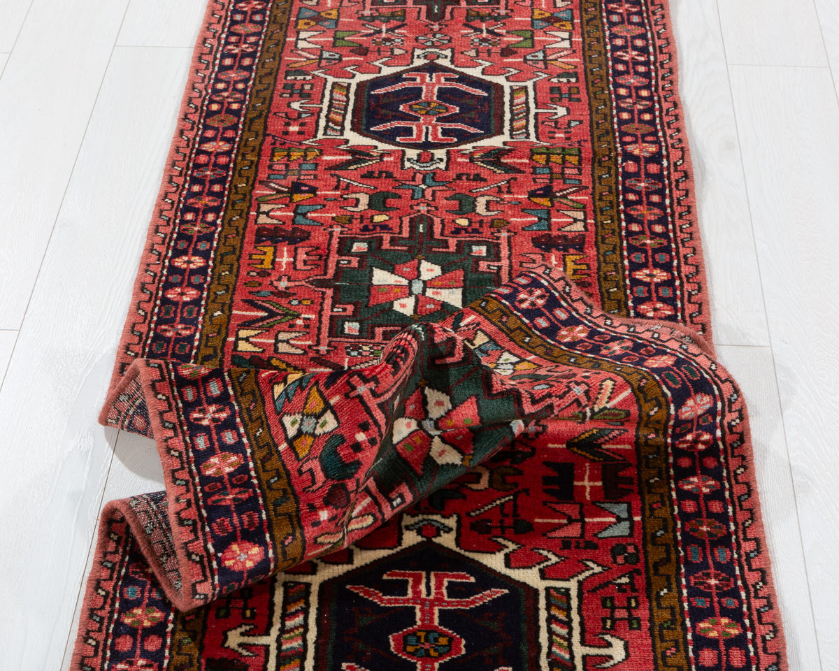Vintage Red Softly Faded Central Medallion Runner Rug – 9' 2" x 2' 3" (279 x 68 cm)