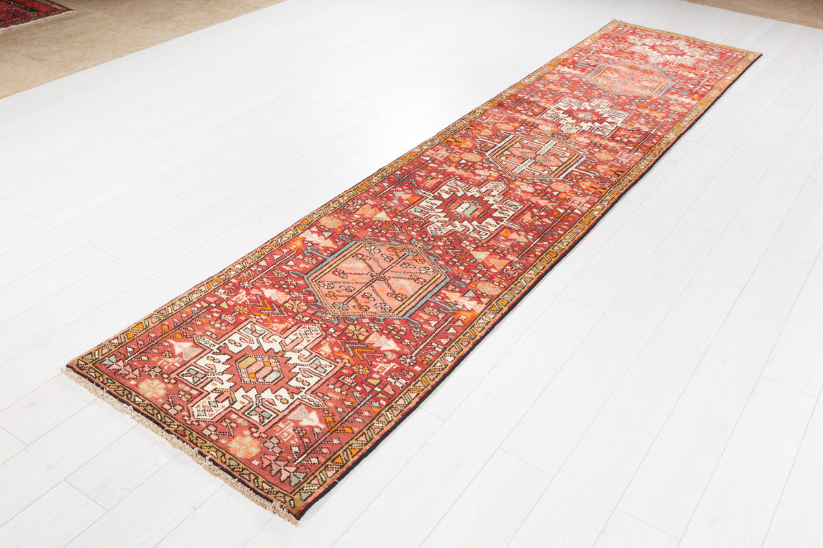 Vintage Faded Geometric Runner Rug – 11' 1" x 2' 7" (339 x 79 cm)