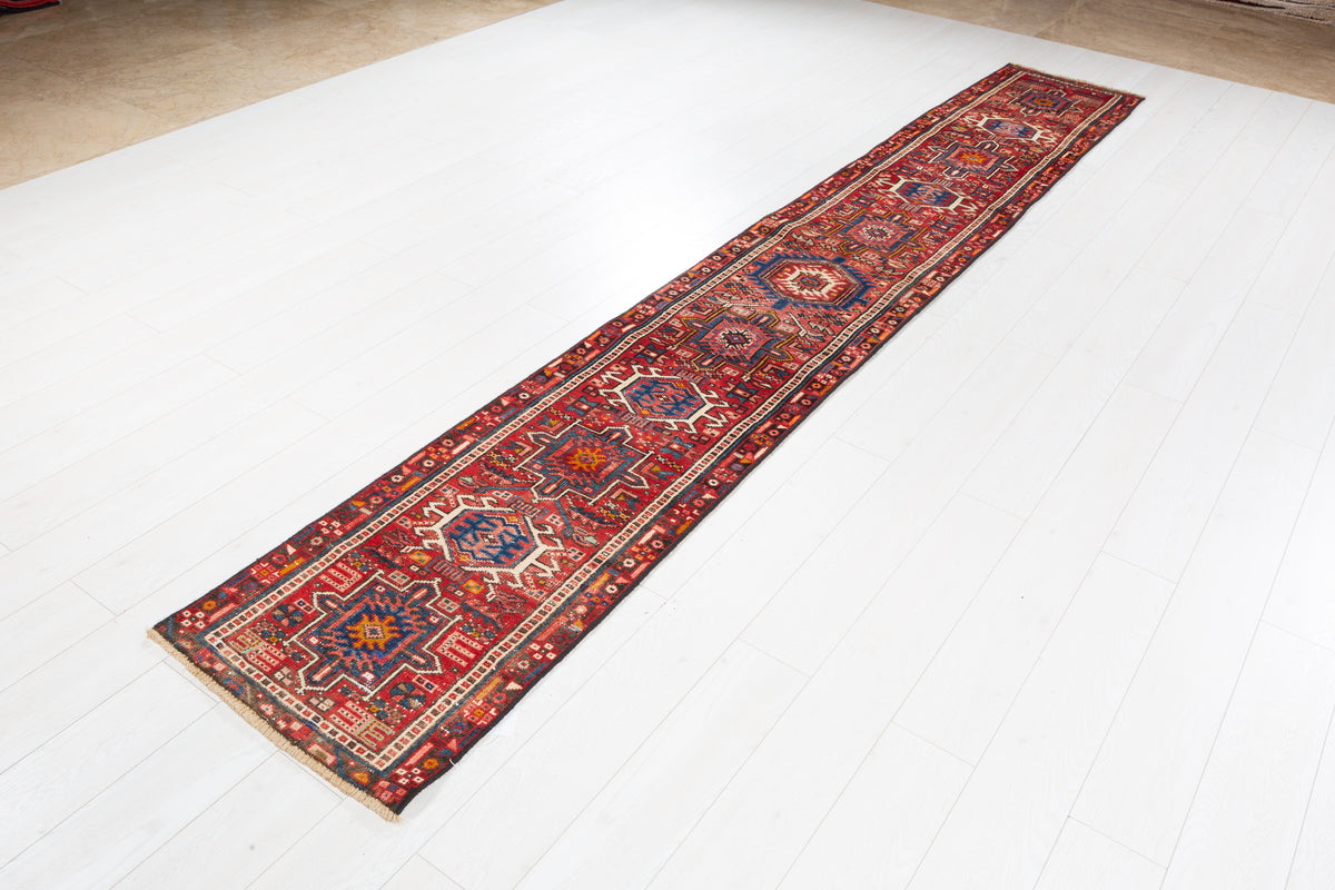 Antique Distressed Extra-Narrow Long Runner Rug, Red – 12' 5" x 1' 11" (378 x 58 cm)